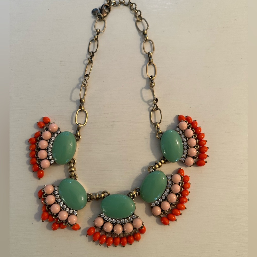 J Crew Elegant Green and Pink Statement Necklace